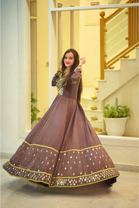 Light Coffee Color Anarkali Embroidery Work Gown Design