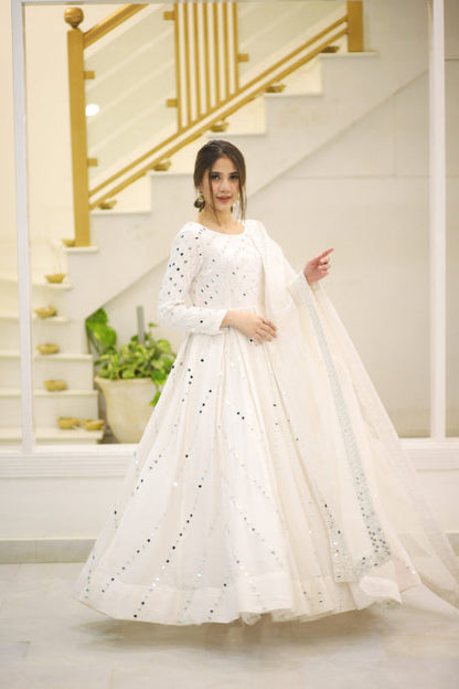 White Color Designer Mirror Anarkali Trendy Gown Design