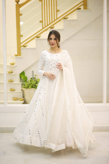 White Color Designer Mirror Anarkali Trendy Gown Design