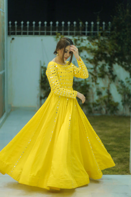 Yellow Color Mirror Work Anarkali Designer Gown Dress