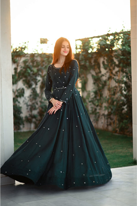 Green Color Mirror South Silk Embroidery Work Gown Dress Design