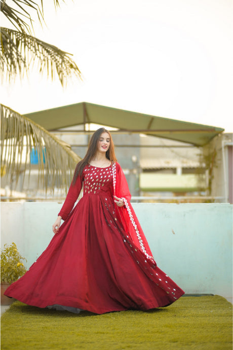 Red Color Shine Designer Party Wear Gown For Women