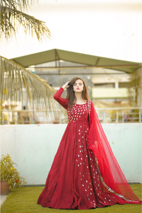 Red Color Shine Designer Party Wear Gown For Women