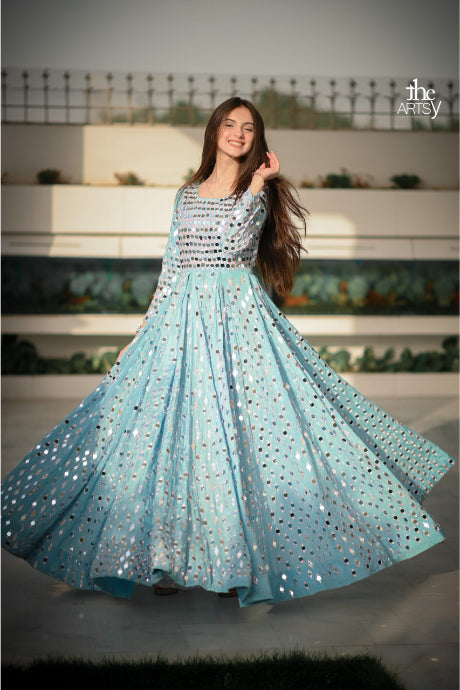 Sky Blue Mirror Work Designer Embroidery Work Gown