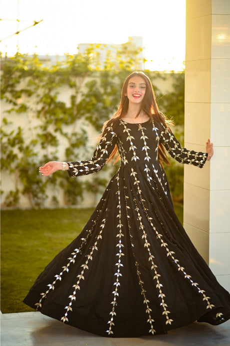 Attractive Black Mirror Embroidery Work Gown For Girls