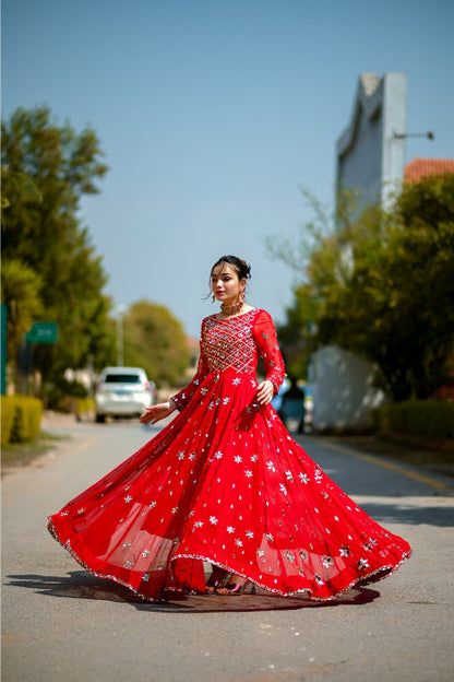 Attractive Red Color Party Silk Gown Design