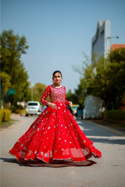 Attractive Red Color Party Silk Gown Design