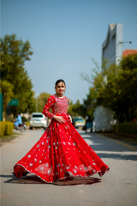 Attractive Red Color Party Silk Gown Design