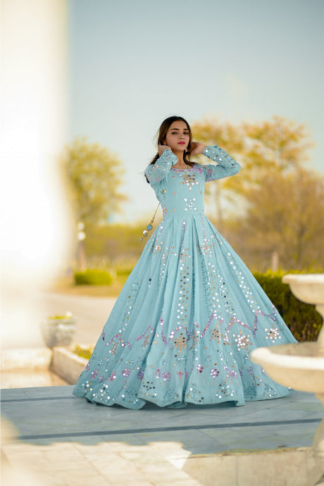 Sky Blue Color Mirror Designer Gown For Engagement