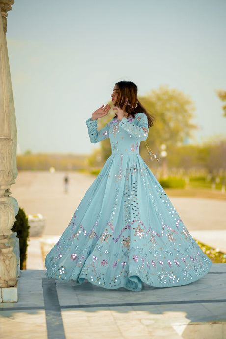 Sky Blue Color Mirror Designer Gown For Engagement