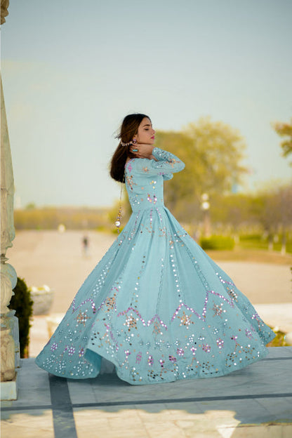 Sky Blue Color Mirror Designer Gown For Engagement