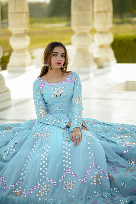 Sky Blue Color Mirror Designer Gown For Engagement