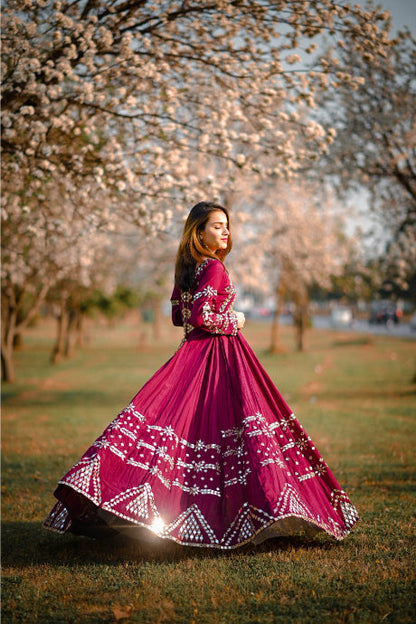 Dark Red Color Mirror Embroidery Work Gown Online For Girls