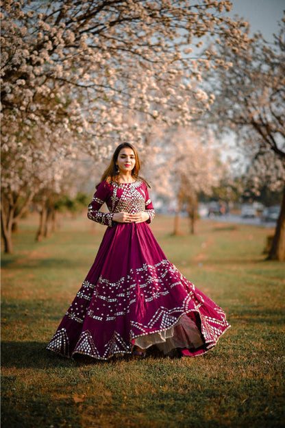 Dark Red Color Mirror Embroidery Work Gown Online For Girls