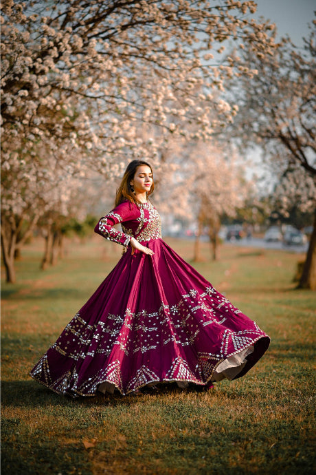 Dark Red Color Mirror Embroidery Work Gown Online For Girls