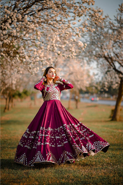 Dark Red Color Mirror Embroidery Work Gown Online For Girls