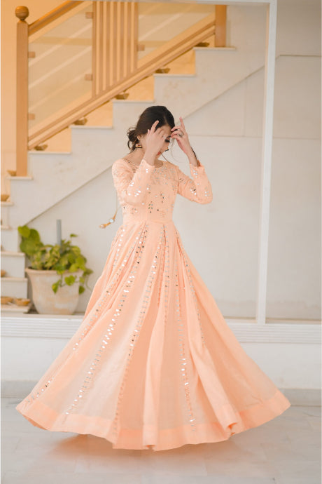 Light Orange Mirror Party Wear Gown Dress For Girls