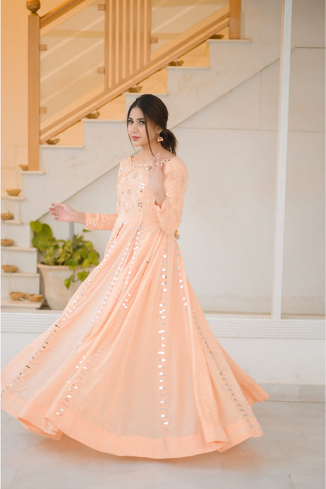 Light Orange Mirror Party Wear Gown Dress For Girls