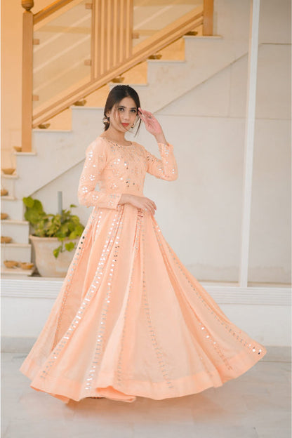 Light Orange Mirror Party Wear Gown Dress For Girls