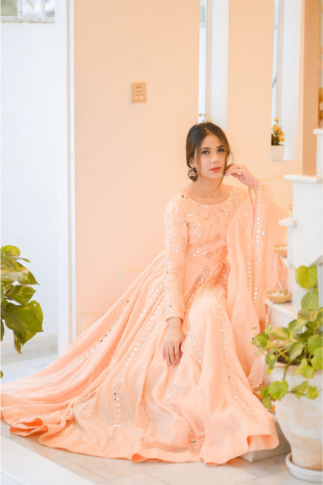 Light Orange Mirror Party Wear Gown Dress For Girls