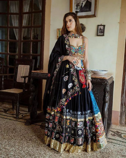 Black Coloured Printed Work Navratri Lehenga For Women