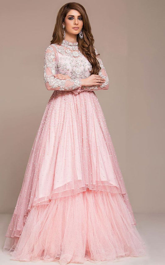 Power Pink Colored Designer Floral Motifs With Embroidered Gown