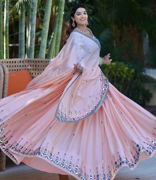 Precious Real Mirror Work Light Peach Color Lehenga Choli