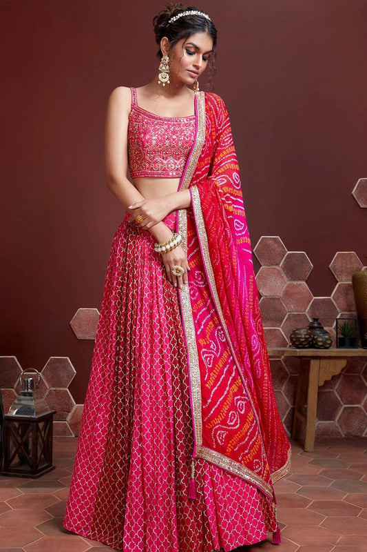 Carmine Red Sequins Embroidered Satin Silk Bridal Lehenga