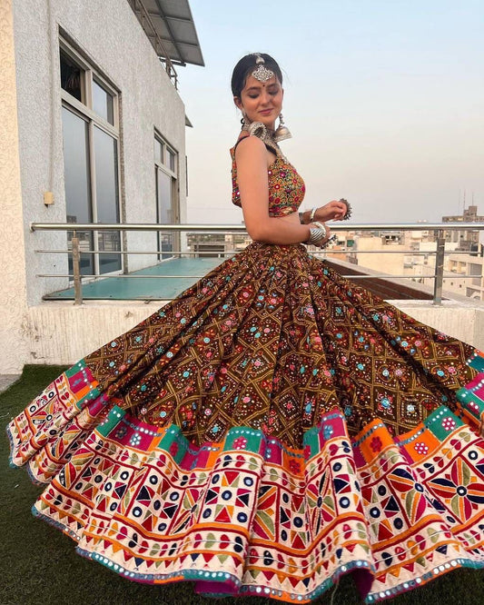 Designer Art Silk Mirror Work Navratri Lehenga Choli For Women