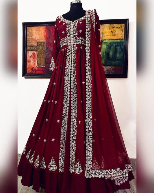 Designer Dark Maroon Color Anarkali Flared Georgette Gown