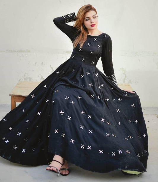 Designer Soft Silk Black Color Flared Heavy Work Gown