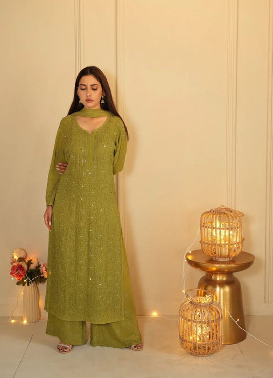 Dark Green Color Designer Chikankari Dress In Lowest Rate