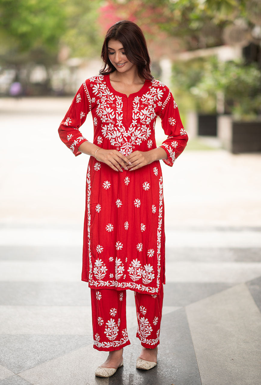 Red Color Designer Chikankari Work Dress