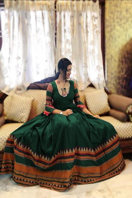 Amazing Green Color Round Anarkali Flair Jequard Gown