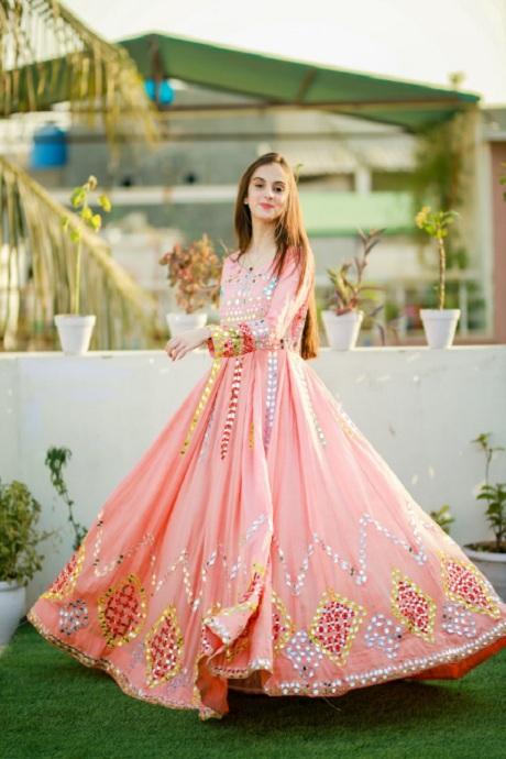 Light Peach Color Mirror Designer Embroidery Work Gown