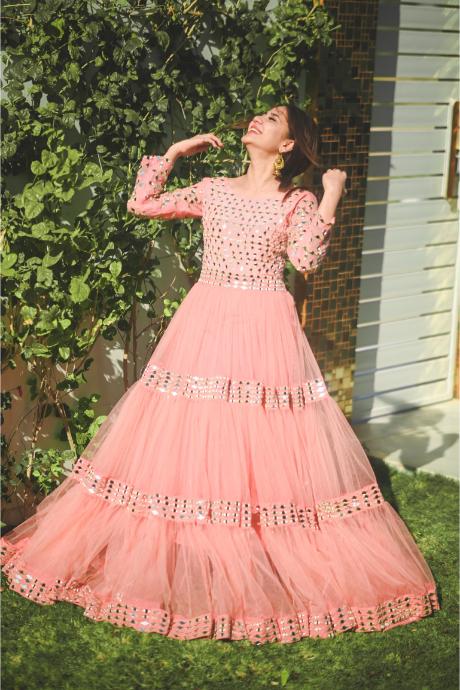 Baby Pink Designer Embroidery Work Fancy Gown For Women