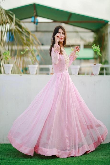 Mirror Work Party Wear Baby Pink Gown For Women