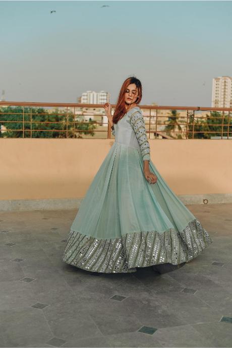 Sky Blue Designer Mirror Work Hit Demanded Gown