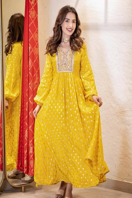 Admiring Dark Yellow Color Heavy Work Designer Gown