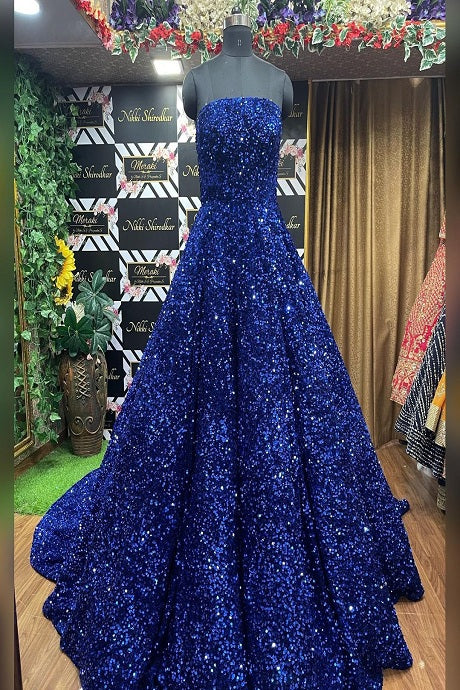 Admirable Dark Blue Color Heavy Squance Designer Gown