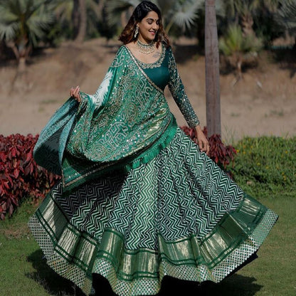 Green Color Printed Work Round Flair Lehenga 2024