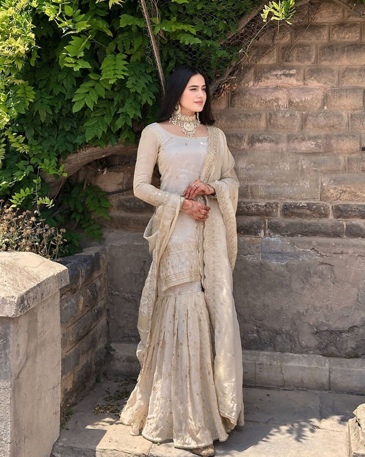 Attractive Light Cream Color Heavy Work Sarara Suits