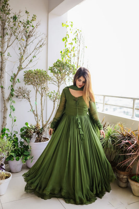 Attractive Green Anarkali Flared Gown For Party