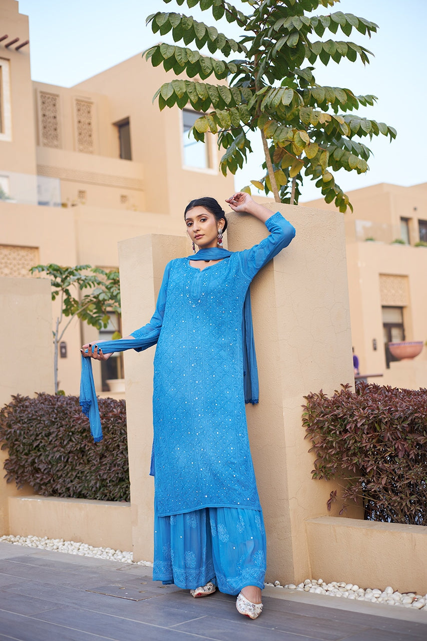 Blue Heavy Chikankari Party Wear Dress Online