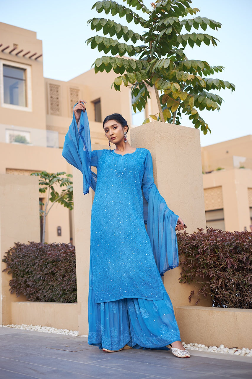 Blue Heavy Chikankari Party Wear Dress Online