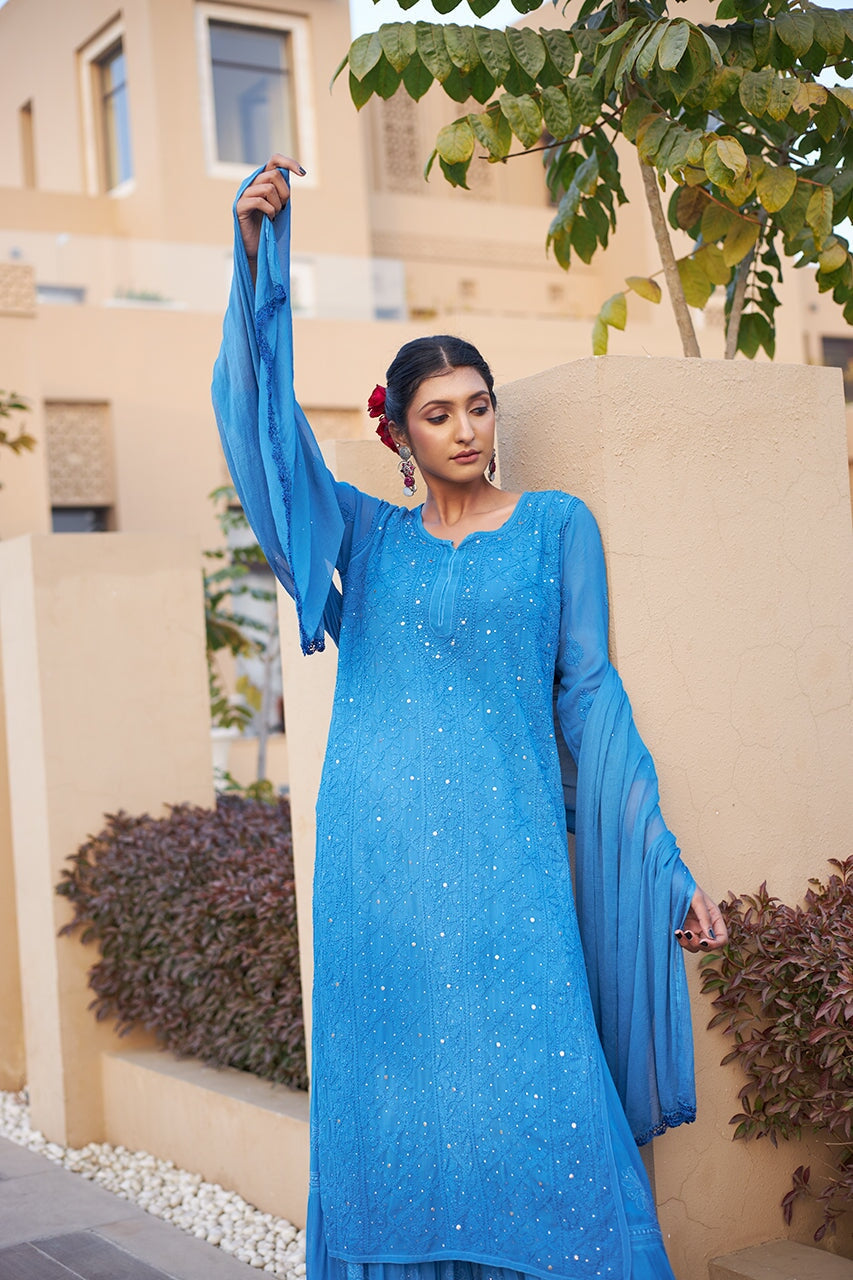 Blue Heavy Chikankari Party Wear Dress Online