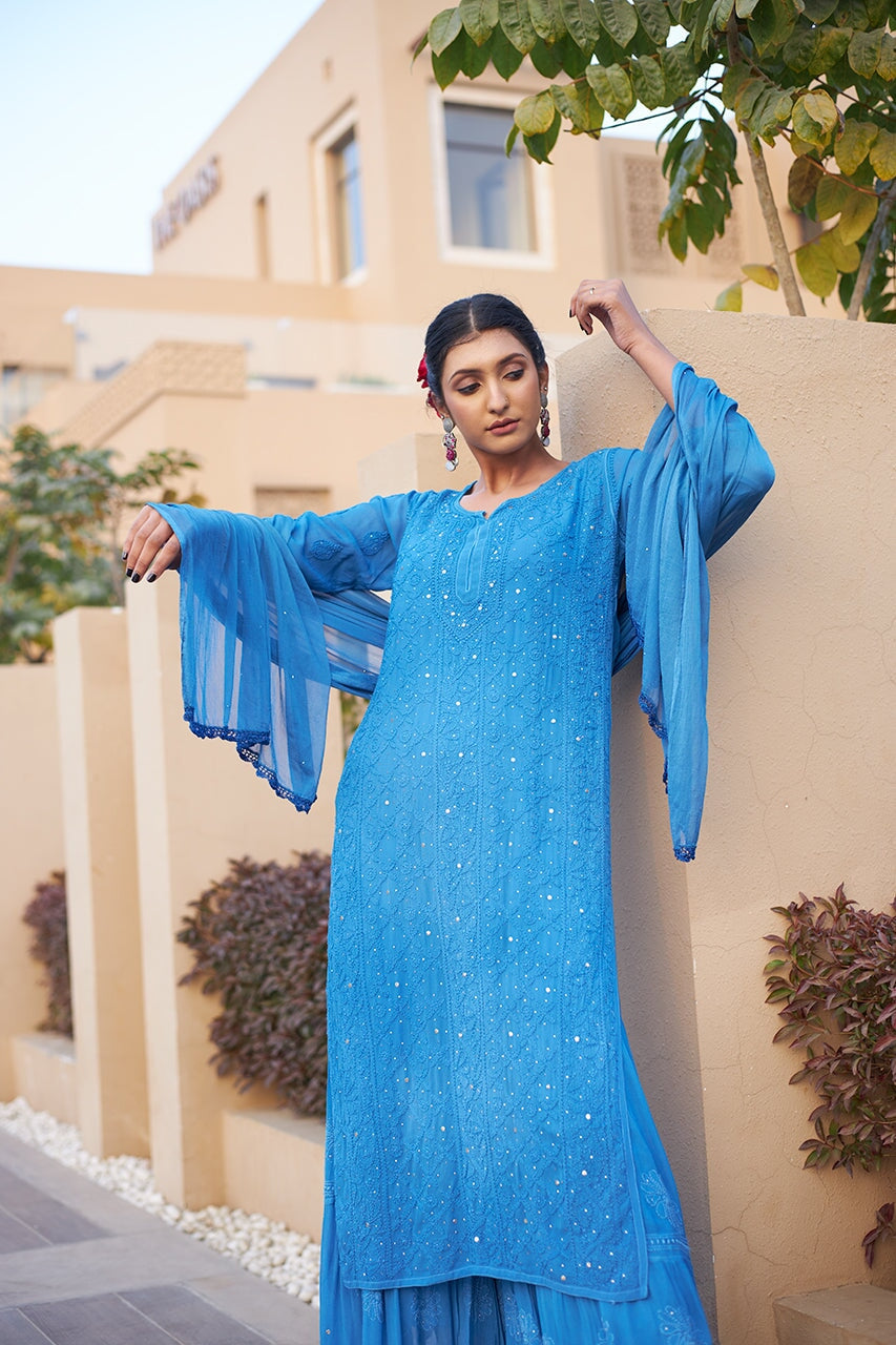 Blue Heavy Chikankari Party Wear Dress Online