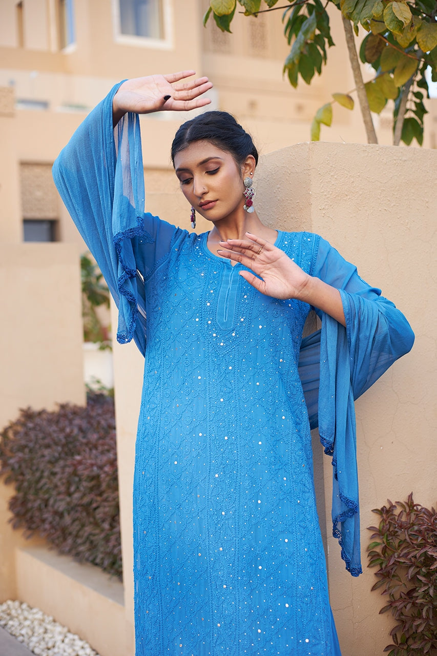 Blue Heavy Chikankari Party Wear Dress Online