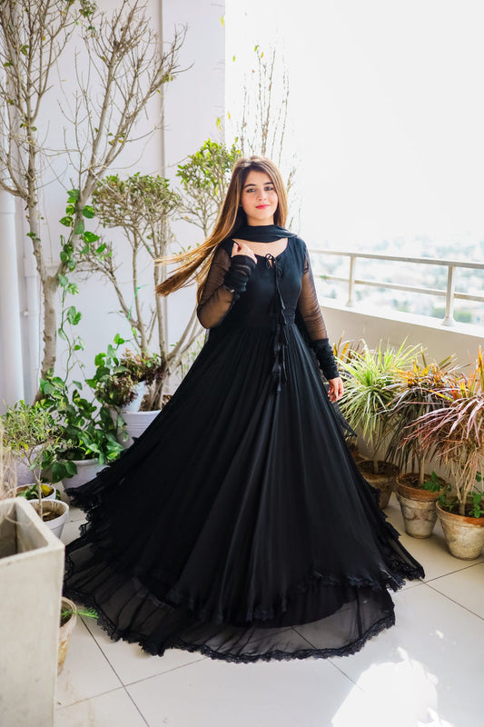 Admirable Dark Black Color Heavy Work Function Wear Gown