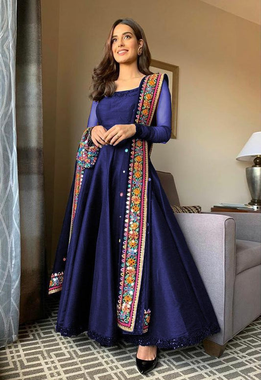 Royal Blue Color Pure Designer Attractive Shining Trendy Gown